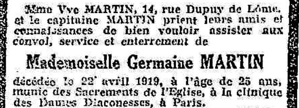Avis de funérailles de Germaine Martin