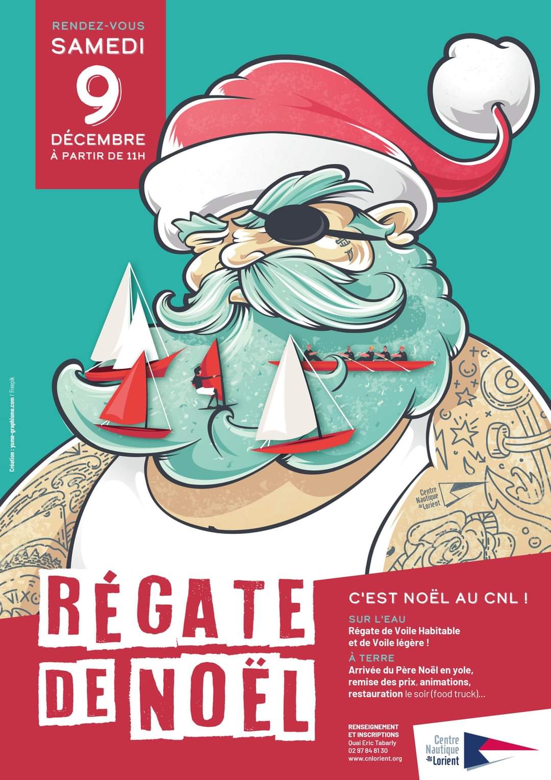 Régate de Noël le 9 décembre, organisée par le Centre nautique de Lorient. Les participants sont invités à se déguiser. Arrivée du Père Noël en yole. Animations au bar du CNL.